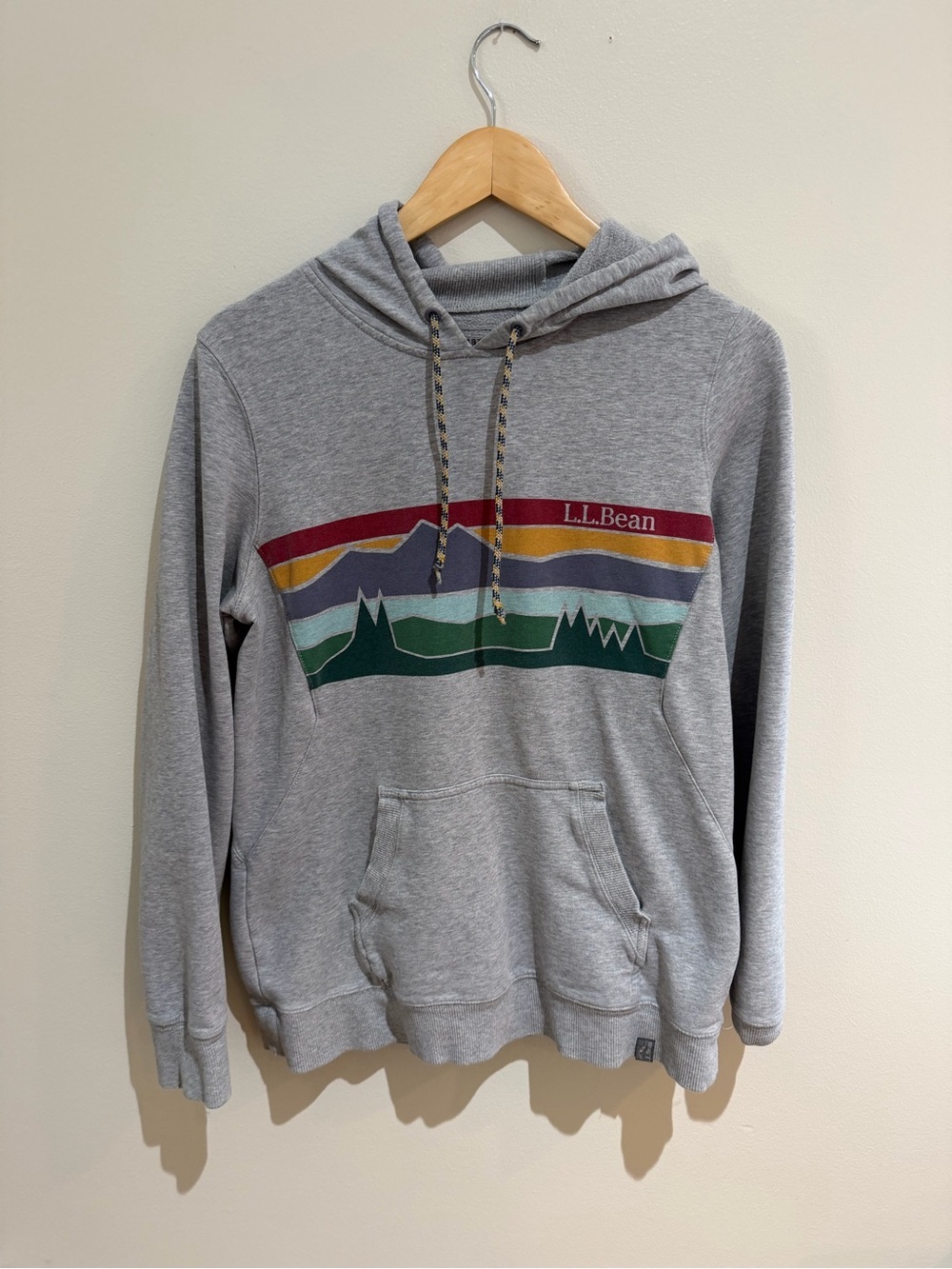 L.L. Bean Light Gray Crewneck Hoodie with Multicolor Mountain Stripe women small